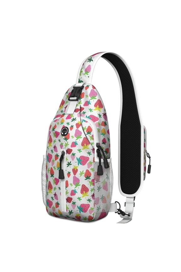 Sweet Red Strawberry Pattern Sling Bag, Fruity Berry Print Crossbody Backpack with Fresh Flowers and Summer Design