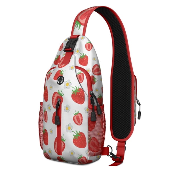 Sweet Red Strawberry Pattern Sling Bag, Fruity Berry Print Crossbody Backpack with Fresh Flowers and Summer Design