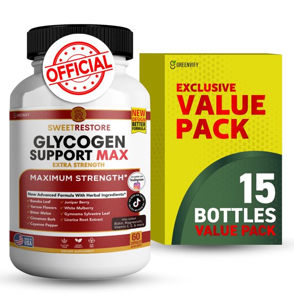 GreenVify SweetRestore Glycogen Support Max Extra Strength Supplement for Healthy Blood Sugar Levels with Banaba, Cinnamon, Bitter Melon & Chromium, 15 Bottles x 60 Capsules (900 Count)
