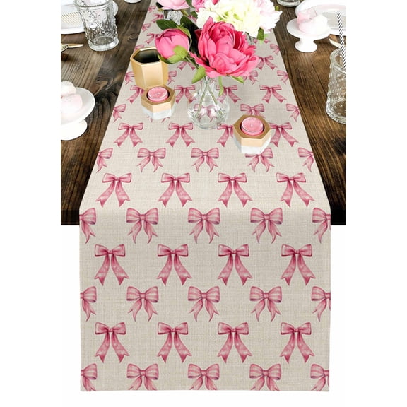 Sweet Retro Bows Table Runner, Pink Bow Vintage Linen Texture Washable Cotton-linen Table Runners Dining Kitchen Decoration for Everyday Home Wedding Party Decor, 13 x 36 Inch