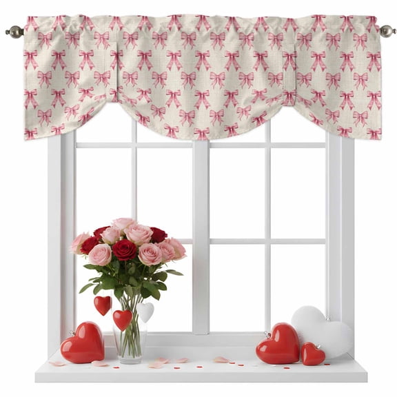 Sweet Retro Bows Tie Up Valance for Windows, Pink Bow Vintage Linen Texture Adjustable Rod Pocket Tie Up Valance Curtains Window Treatment for Kitchen Bathroom Bedroom 60 X 18 Inch