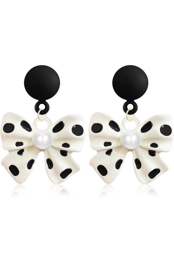 Sweet Retro Enamel Alloy Bow Knot Red Bead Lightweight Dangle Earrings Faux Pearl Polka Dot Stud Drop Earrings for Women