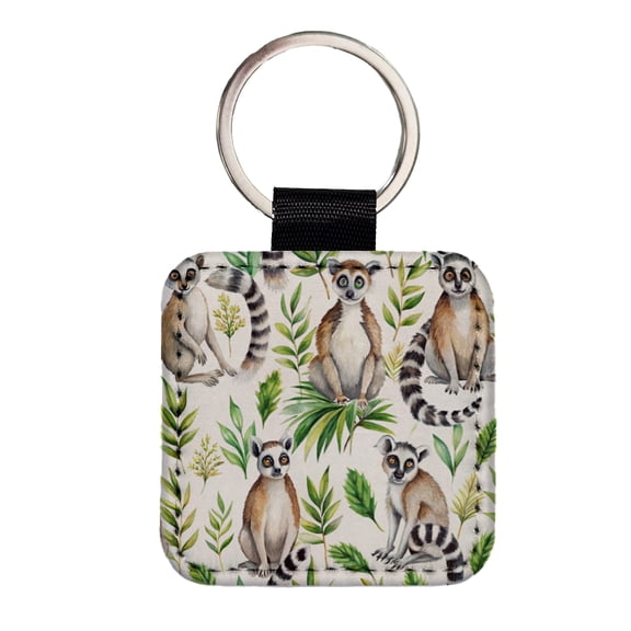 Sweet Ringtail Lemurs Faux Leather Square Keychain