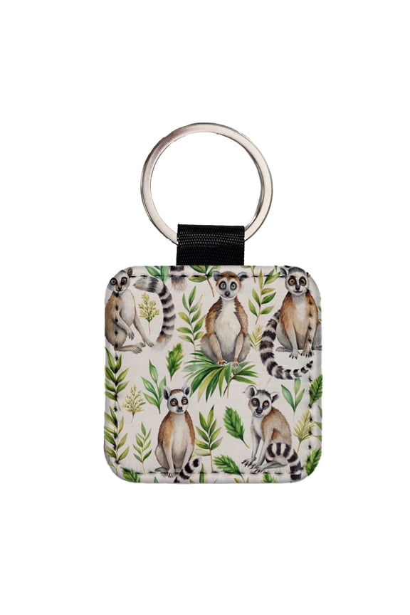 Sweet Ringtail Lemurs Faux Leather Square Keychain