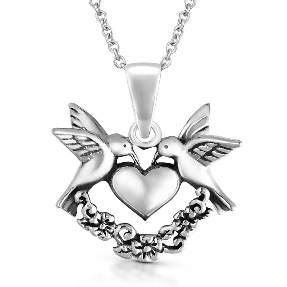 Sweet Romance Sterling Silver Lovebirds Heart and Flowers Pendant Necklace