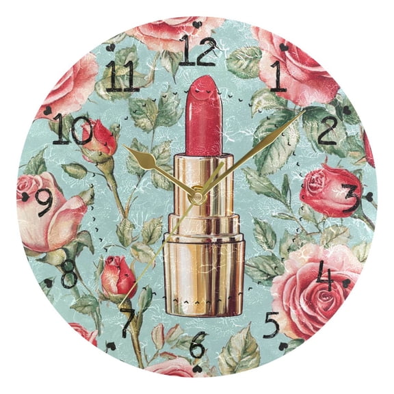 Sweet Roses Leaves Red Lipstick Round Wall Clock Silent Analog Battery Operated Gold Pointer Home Decor 9.84" Diameter