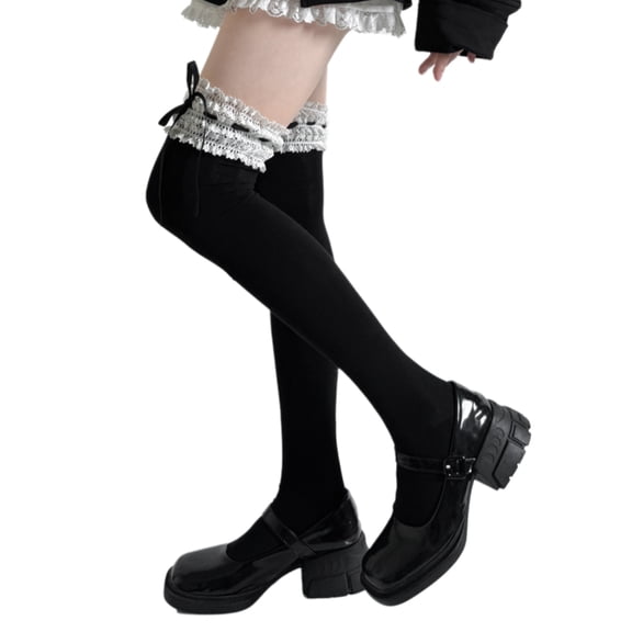 Sweet Ruffled Lace Top Thigh High Stockings with Ribbon Bowknot Japanese Elegant Over Knee Long Socks for Women Hosiery