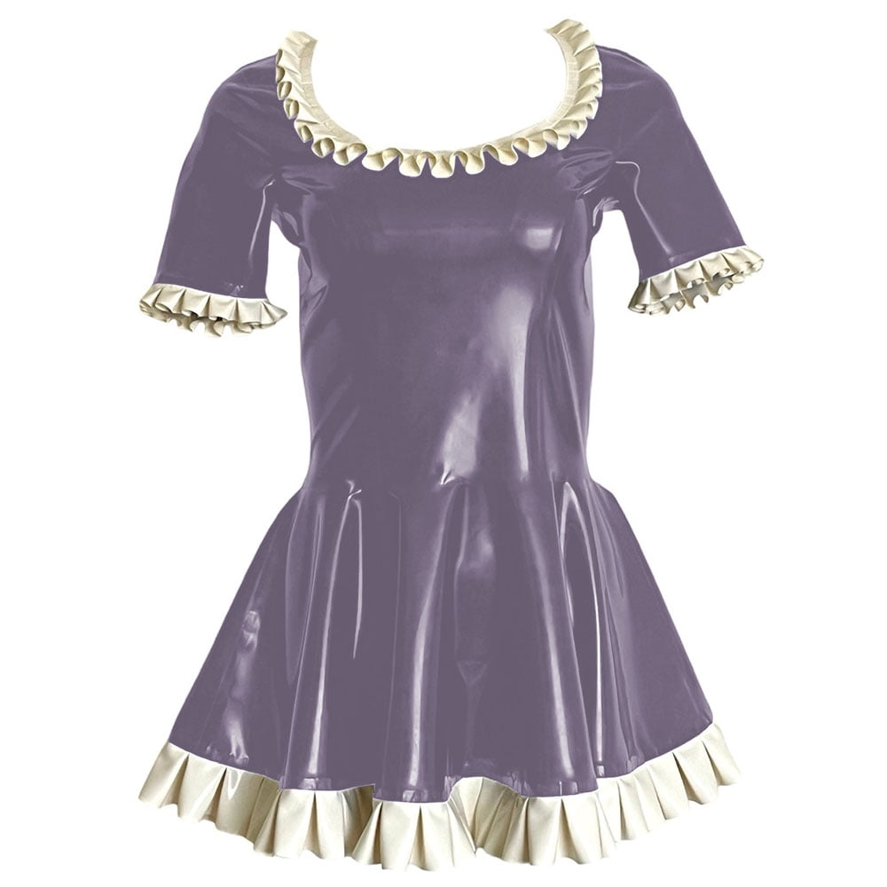 Sweet Ruffles Short Sleeve Paty Mini Dress Shiny Pvc Leather Scoop Neck