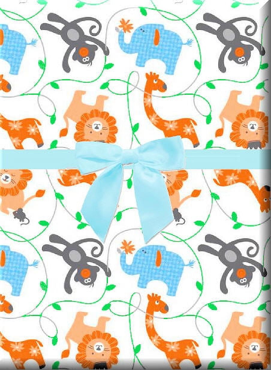 CELEBRATE NEXT Sweet Safari Jungle Monkey Lion Animals Specialty Gift Wrapping Paper -15Foot Roll with Gift Labels