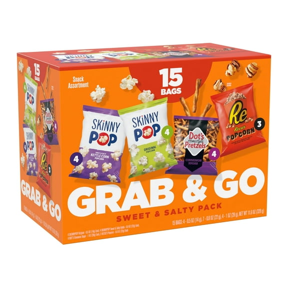 Sweet & Salty Multipack, SkinnyPop Original and MDH1Kettle Corn, Dot's Cinnamon Sugar Pretzels, Reese's Popcorn, On-the-Go Snacks, Individually Sized Bags, (15 Count)