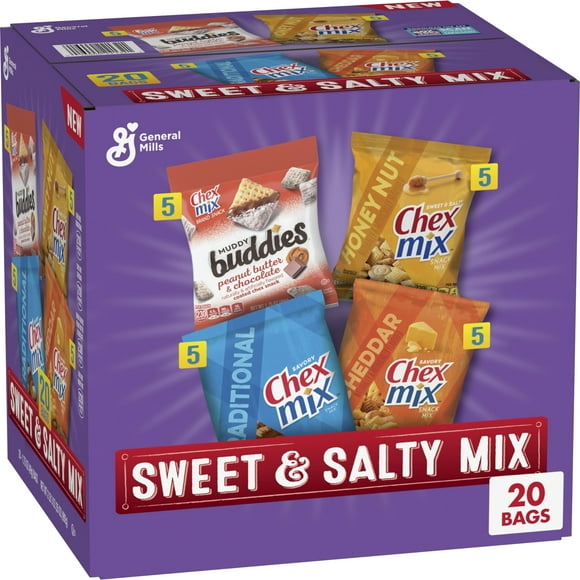 Sweet & Salty Snack MZF22 Variety Pack, Muddy Buddies Peanut Butter & Chocolate, Chex Mix Traditional, Cheddar & Honey Nut, 35 oz (20 Bags)