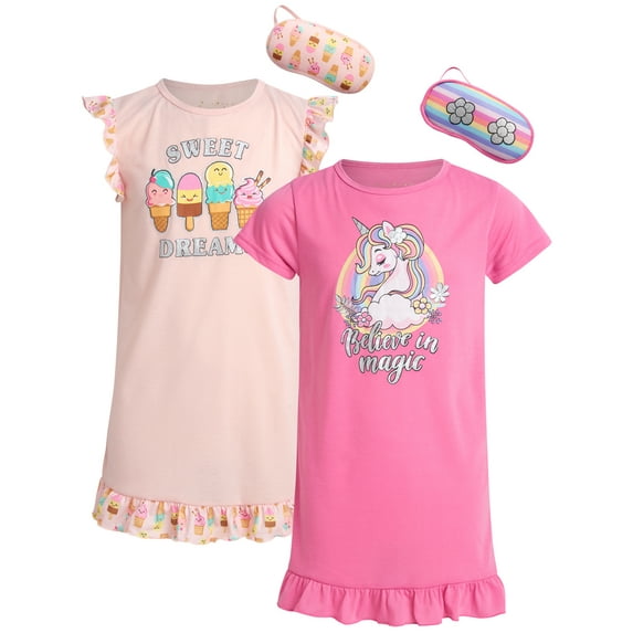 Sweet & Sassy Girls' Pajamas - 2 Piece Short Sleeve Night Gowns with Eye Mask (Sizes: 6-14)