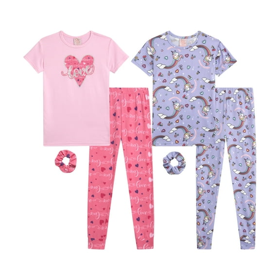 Sweet & Sassy Girls' Snug Fit Pajama Set - 4 Piece Sleep Shirt and Pajama Pants, Scrunchie (7-16)