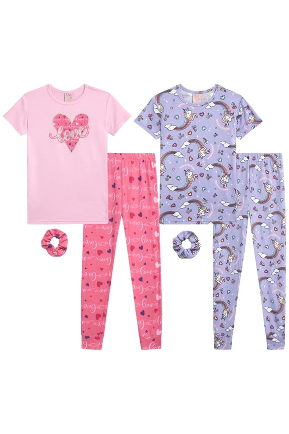 Sweet & Sassy Girls' Snug Fit Pajama Set - 4 Piece Sleep Shirt and Pajama Pants, Scrunchie (7-16)