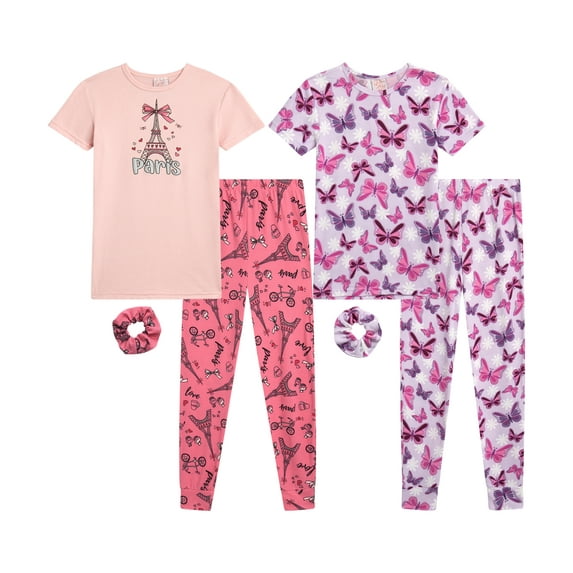 Sweet & Sassy Girls' Snug Fit Pajama Set - 4 Piece Sleep Shirt and Pajama Pants, Scrunchie (7-16)