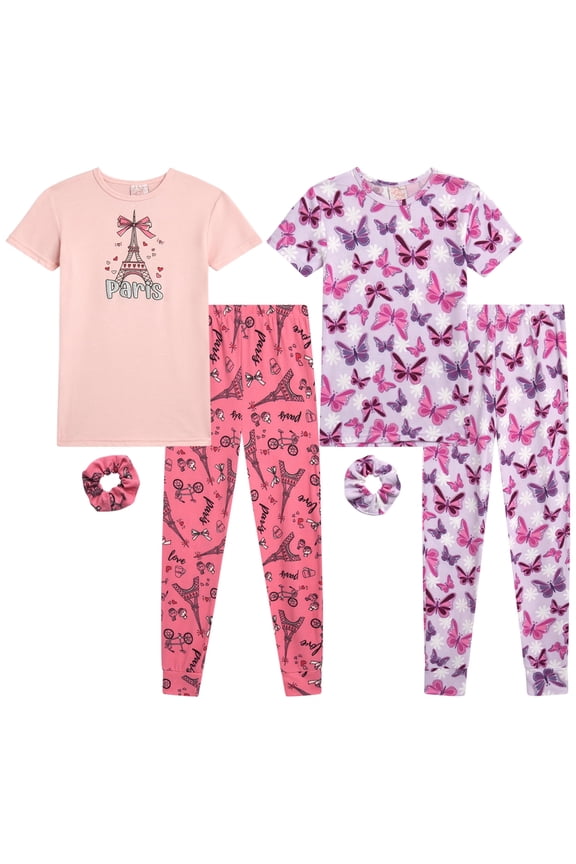 Sweet & Sassy Girls' Snug Fit Pajama Set - 4 Piece Sleep Shirt and Pajama Pants, Scrunchie (7-16)