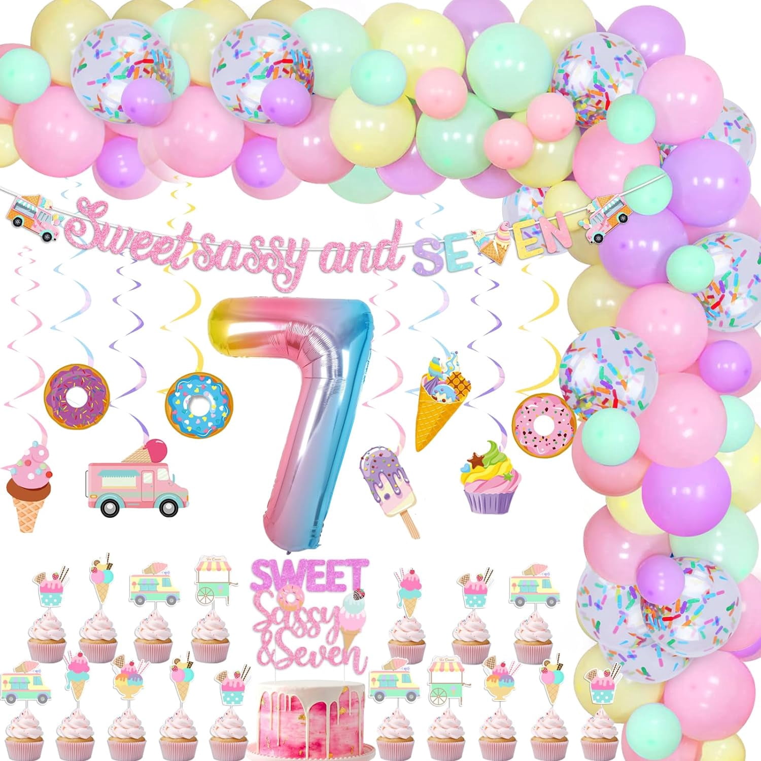 Sweet Sassy And Seven Birthday Decoration, Ice Cream 7th Birthday Decoration Banner Cake Cupcake Topper Hanging Swirls Balloon Garland Arch Kit for Girl Summer Ice Cream Theme 7th Birthday