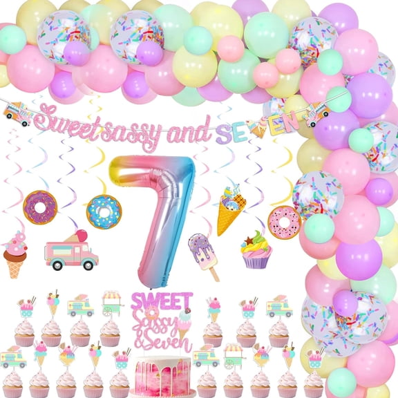 Sweet Sassy And Seven Birthday Decoration, Ice Cream 7th Birthday Decoration Banner Cake Cupcake Topper Hanging Swirls Balloon Garland Arch Kit for Girl Summer Ice Cream Theme 7th Birthday