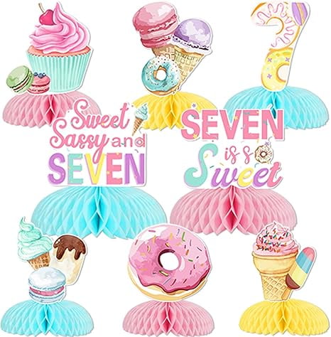 Sweet Sassy and Seven Birthday Decorations Girls, 8pcs Donut Ice Cream 7th Birthday Decorations Table Honeycomb Centerpiece for Girls Seven Is So Sweet 7 Year Old Birthday Party Table Decor