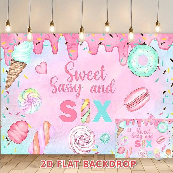 Sweet Sassy and Six Candy Theme Backdrop, Pink Blue Dessert Photography Background, Perfect for 6th Birthday Party Decorations, Photo Booth Props and Party Banner Supplies