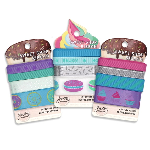Sweet Shop Blue and Purple Grosgrain and Satin Printed Ribbon, 24 Yards by Gwen Studios