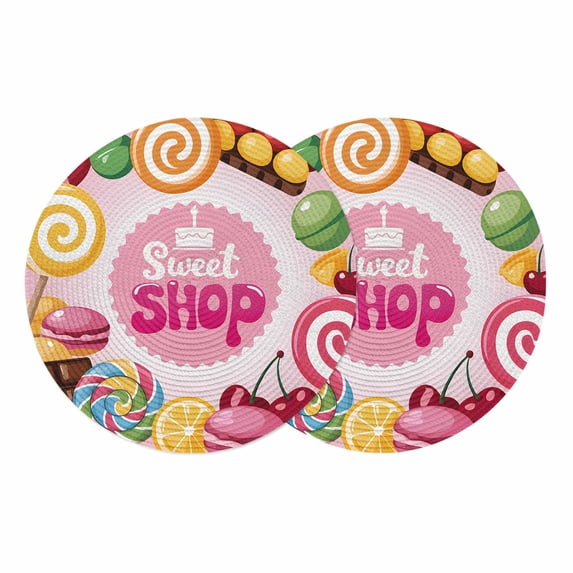 Sweet Shop Words Round 13 Inch Placemats Set of 2, Candyland Colorful Lollipop Potatoes HeatResistant Non Slip Place Mats for Dining Table, Wipeable Braided Kitchen Table Mats for Housewarming