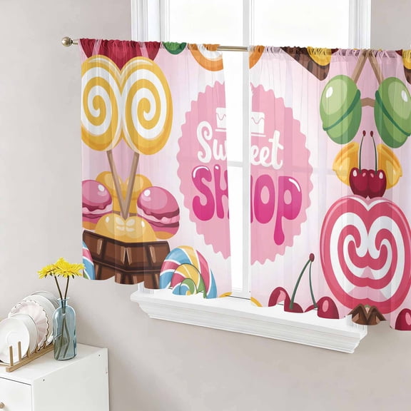 Sweet Shop Words Sheer Curtains 54 Inches Length 2 Panels Set, Window Sheer Curtains for Living Room/Bedroom, Candyland Colorful Lollipop Potatoes Light Filtering Rod Pocket Curtain 52''x54''x2