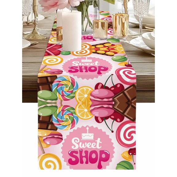 Sweet Shop Words Table Runner-36 Inch Long Chocolate Bars Sweets Caralogne Table Runners Linen Burlap Tablerunner for Kitchen Dining Room Holiday Party
