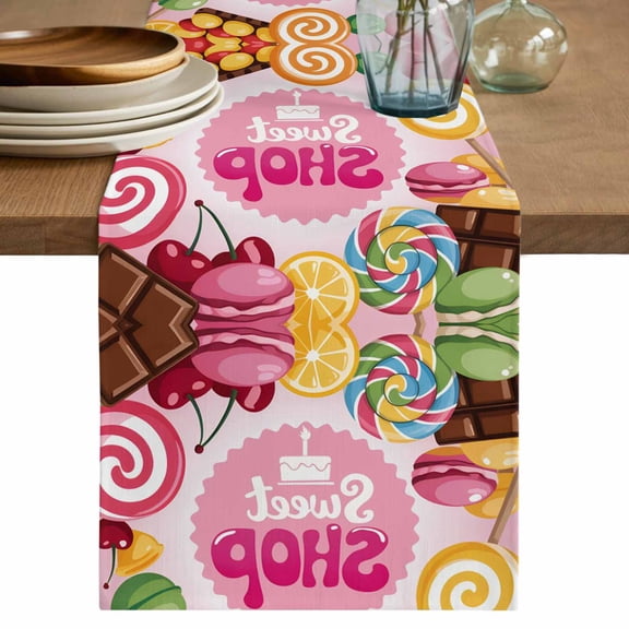 Sweet Shop Words Table Runner 36 Inches, Candyland Colorful Lollipop Potatoes Bed Runner Dresser Scarves Tabletop for Indoor Outdoor Parties/Ceremony/Banquet, 13"x 36"