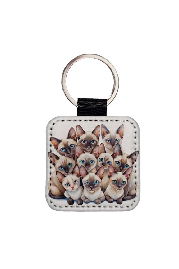 Sweet Siamese Cats Faux Leather Square Keychain