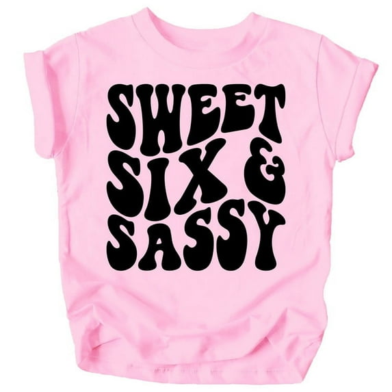 Sweet Six and Sassy Cute 6th Birthday Shirt for Girls Black on Pink Shirt Youth Medium