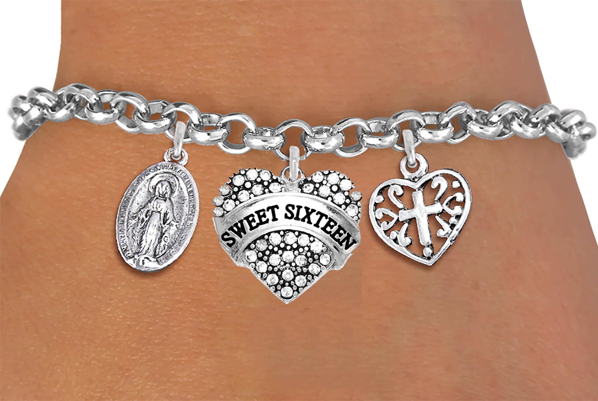 Sweet Sixteen Adjustable Bracelet, Will Fit Everyone. Nickel, Lead, And Cadmium Free. Miraculos Virgin Mary, Genuine Austrian Crystal Sweet Sixteen, Scroll Cross Wthin A Heart Charms. ©2023