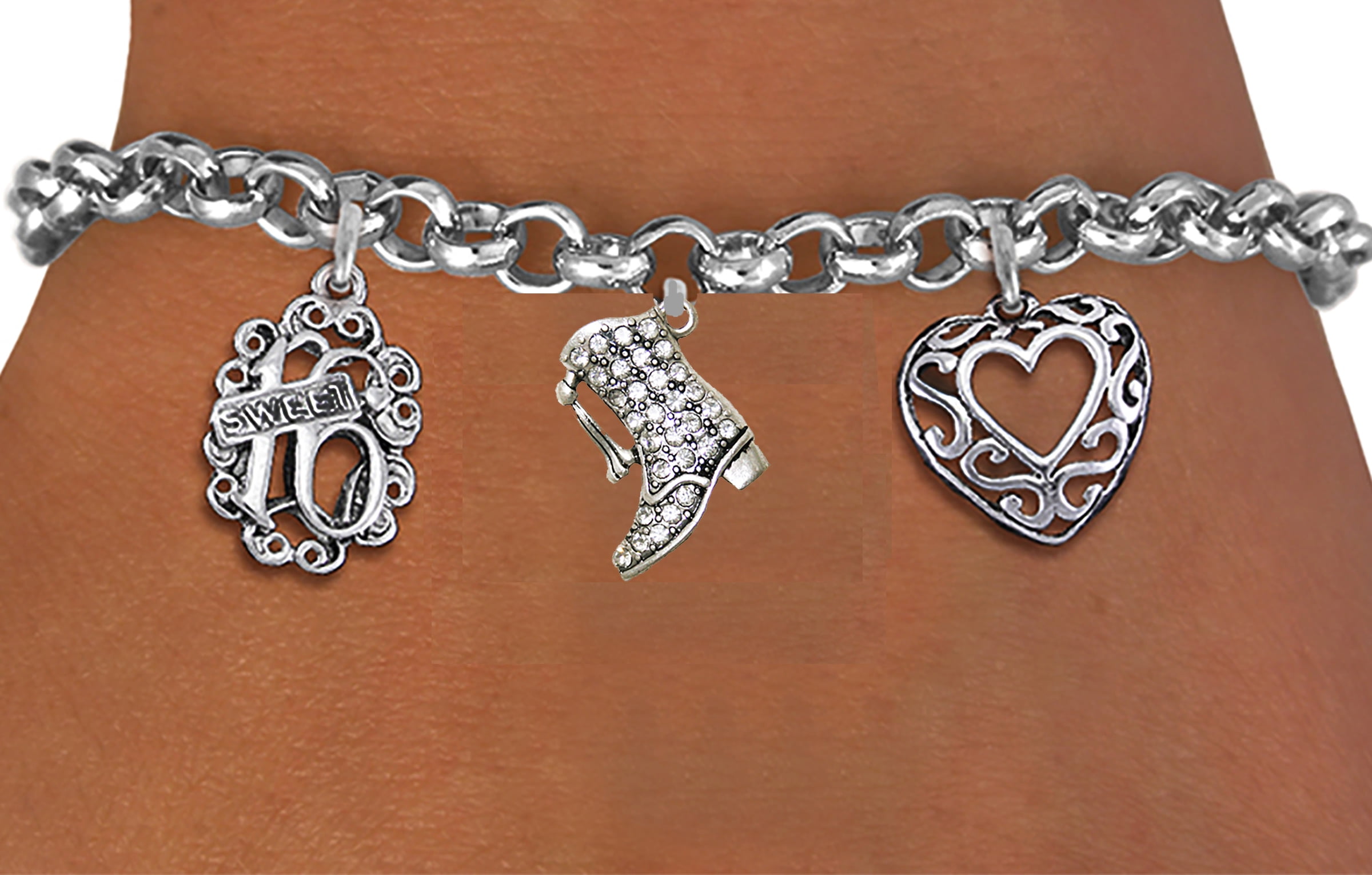 Sweet Sixteen, Genuine Austrian Crystal Drill Boot, Filagree Heart Charms On A  Adjustable Rolo Chain Bracelet. What A Great Gift For Someone You Love. Will Fit Everyone. Hypoallergenic-Safe,No Nickel