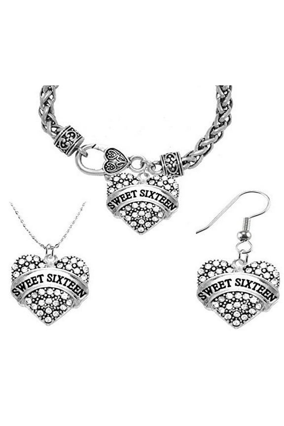 Sweet Sixteen Necklace, Earring, Bracelet Set, Hypoallergenic, Safe-Nickel, Lead, and Cadmium Free.