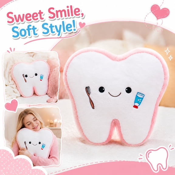 Sweet Smile Tooth Plush Pillow Soft White Tooth-Shaped Stuffed Toy with Toothbrush Detail Decorative Cushion for Home Decoration Aesthetic Dental Room Gift