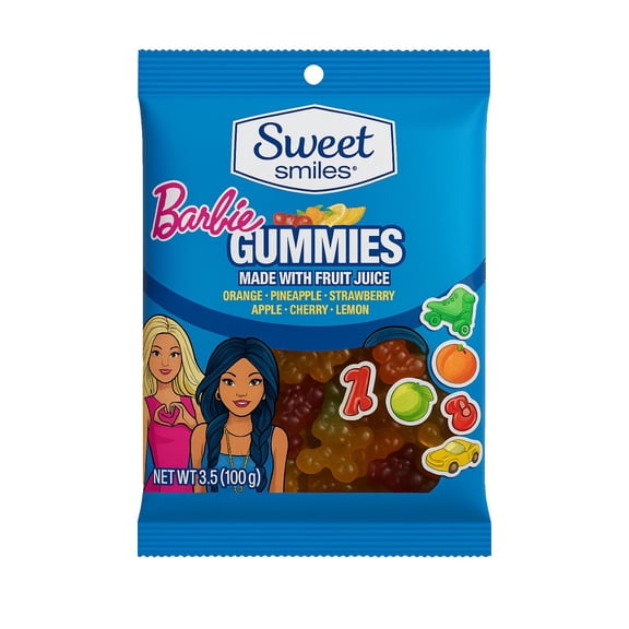 Sweet Smiles Barbie Gummies Made With Fruit Juice, Orange, Pineapple, Strawberry, Apple, Cherry, & Lemon, 3.5 oz Bag
