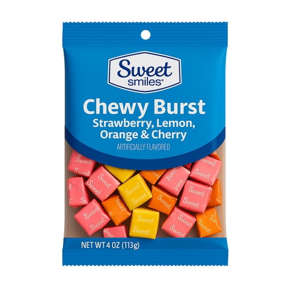 Sweet Smiles Chewy Burst Candy, Strawberry, Lemon, Orange & Cherry Flavored Soft Chewy Taffy Candy, 4 oz Bag