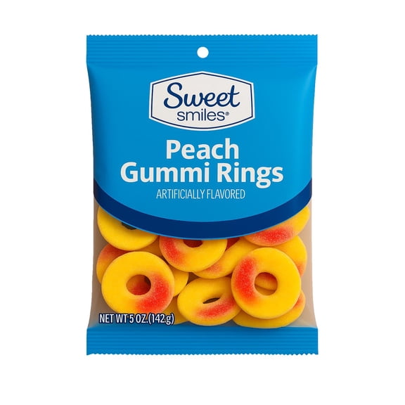 Sweet Smiles Peach Gummi Rings Candy, 5 oz Bag