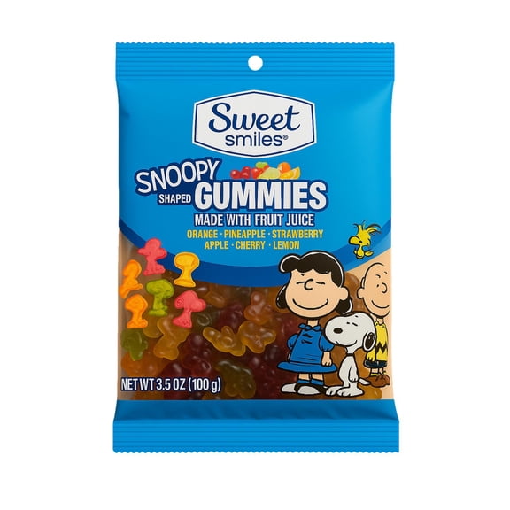 Sweet Smiles Snoopy Shaped Gummies Made with Fruit Juice, Orange, Pineapple, Strawberry, Apple, Cherry, & Lemon, 3.5 oz Bag