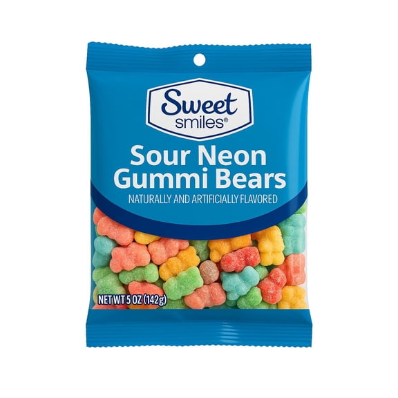 Sweet Smiles Sour Neon Gummi Bears Candy, 5 oz Bag