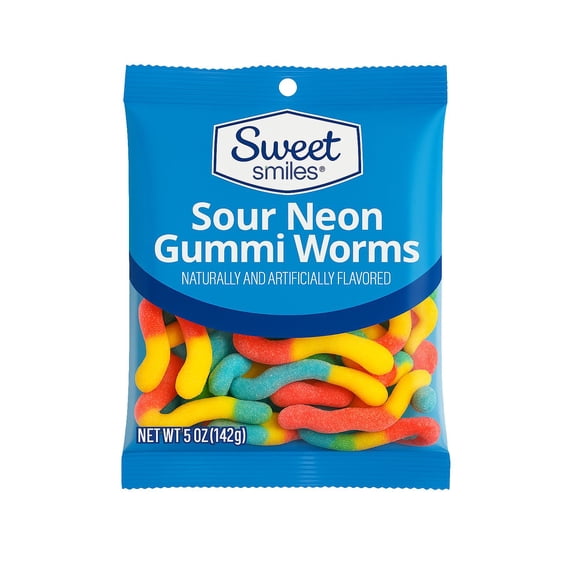 Sweet Smiles Sour Neon Gummi Worms Candy, 5 oz Bag