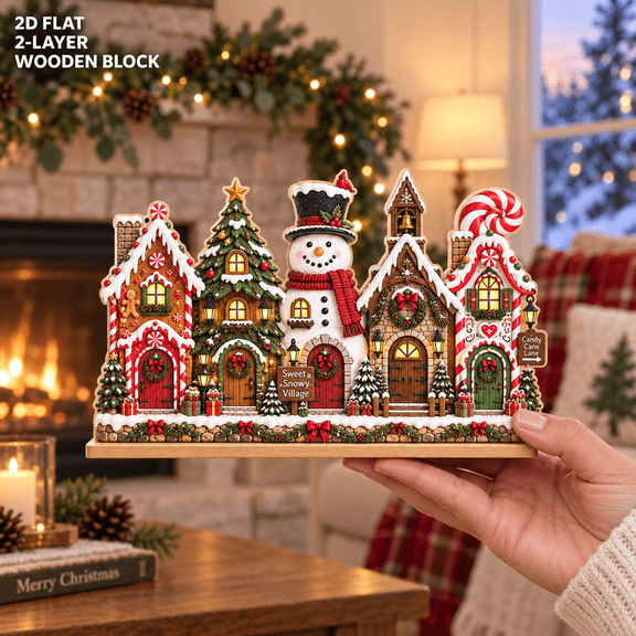 Sweet Snowy Christmas Village Wooden Block for Candy House Tabletop Decor