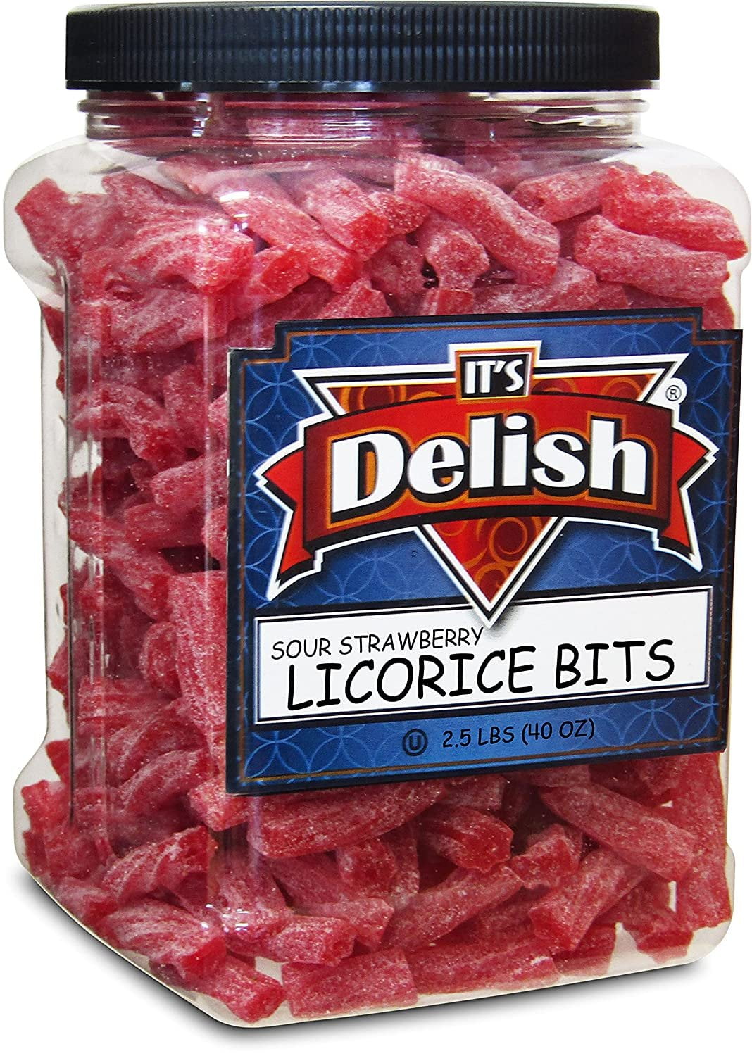 Sweet & Sour Strawberry Licorice Bits by Its Delish, 2.5 LBS 40 Oz Jumbo Container Jar  Chewy Red Strawberry Lightly Sour Candy Twists  Great Gifts Party Sweets  Made in USA, Vegan, Kosher