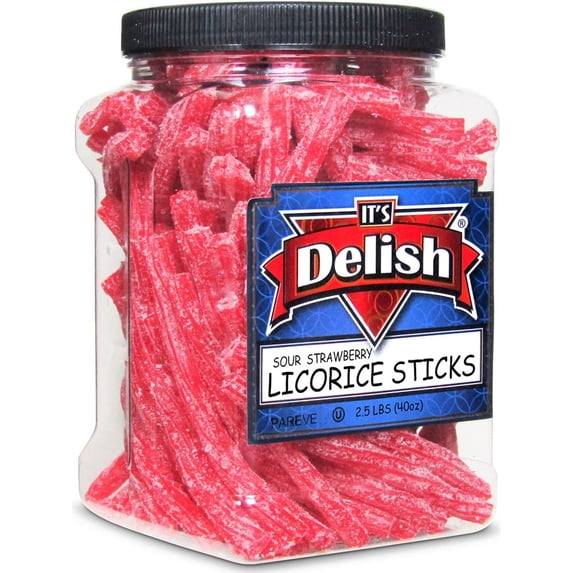 Sweet & Sour Strawberry Licorice Sticks by Its Delish, 2.5 LBS 40 Oz Jumbo Container Jar Chewy Red Strawberry Lightly Sour Candy Twists Great Gifts Party Sweets Made in USA, Vegan, Kosher