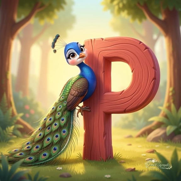Sweet Sprouts Alphabet Animals Collection P is for Peacock & Petals 10x10 inch Art Prints from The Berrington Press Guild
