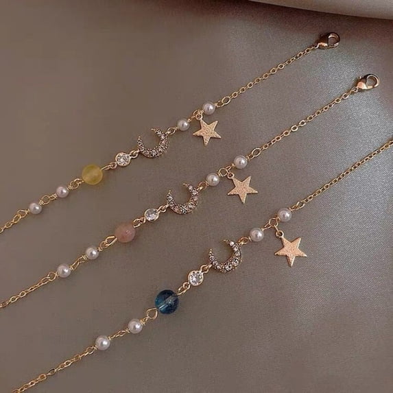 Sweet Star Faux Pearl Moon Beads Alloy Adjustable Chain Bracelet for Anniversary