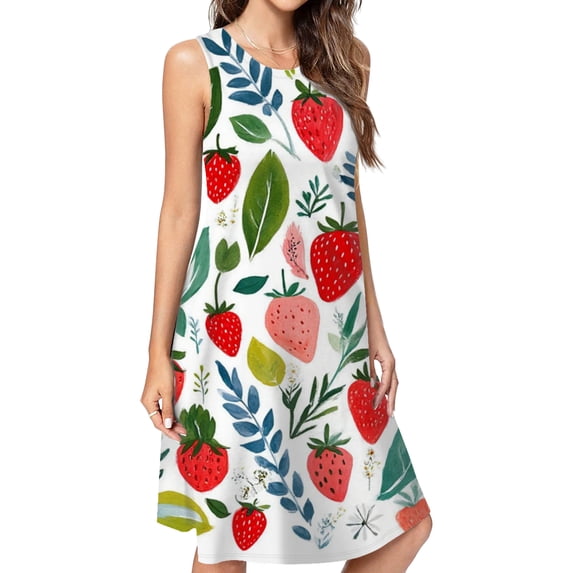 Sweet Strawberries Leafy Design Art Dress Loose Women'S Dress Beach Dresses With Pockets Dresses For Womens