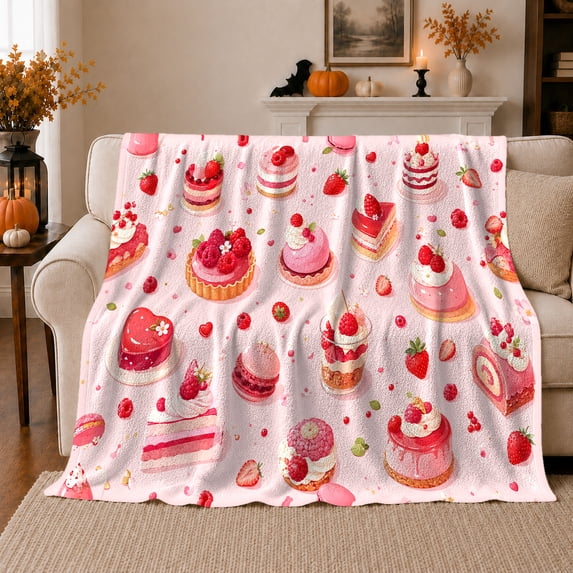 Sweet Strawberry Bakery Theme, Festive Holiday Scene, Warm Flannel Blanket for Kitchen and Dining Room with Detailed Artwork, Art Lovers Christmas Gift, Festive Home Decor