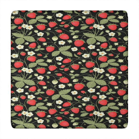Sweet Strawberry Cake Tablecloth - Elastic Edge Square Table Cover - Red Pink Colored Flowers Design Windproof 34x34 Inches