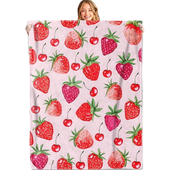 Sweet Strawberry Cherry Throw Blanket,50x60in,Soft,Lightweight Flannel,Fresh Fruit Pink Blankets Gifts for Kids Women Girls,for Couch Office Travel,Home Living Room Decor